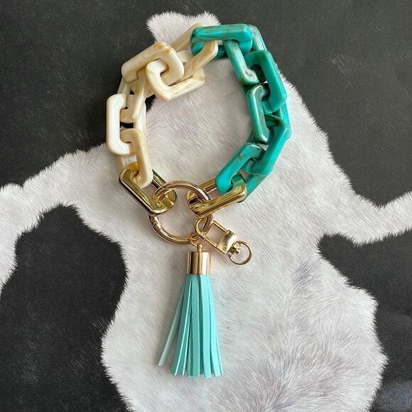 TURQUOISE AND Tan Chain Link Bracelet Keychain - Picture 1 of 1